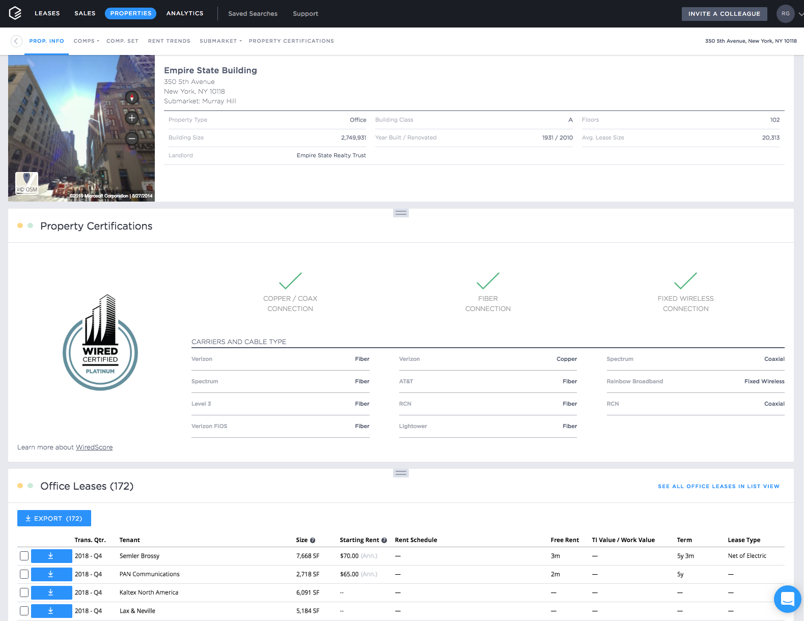 A screenshot of Wired Certification data in CompStak’s comprehensive property reports.